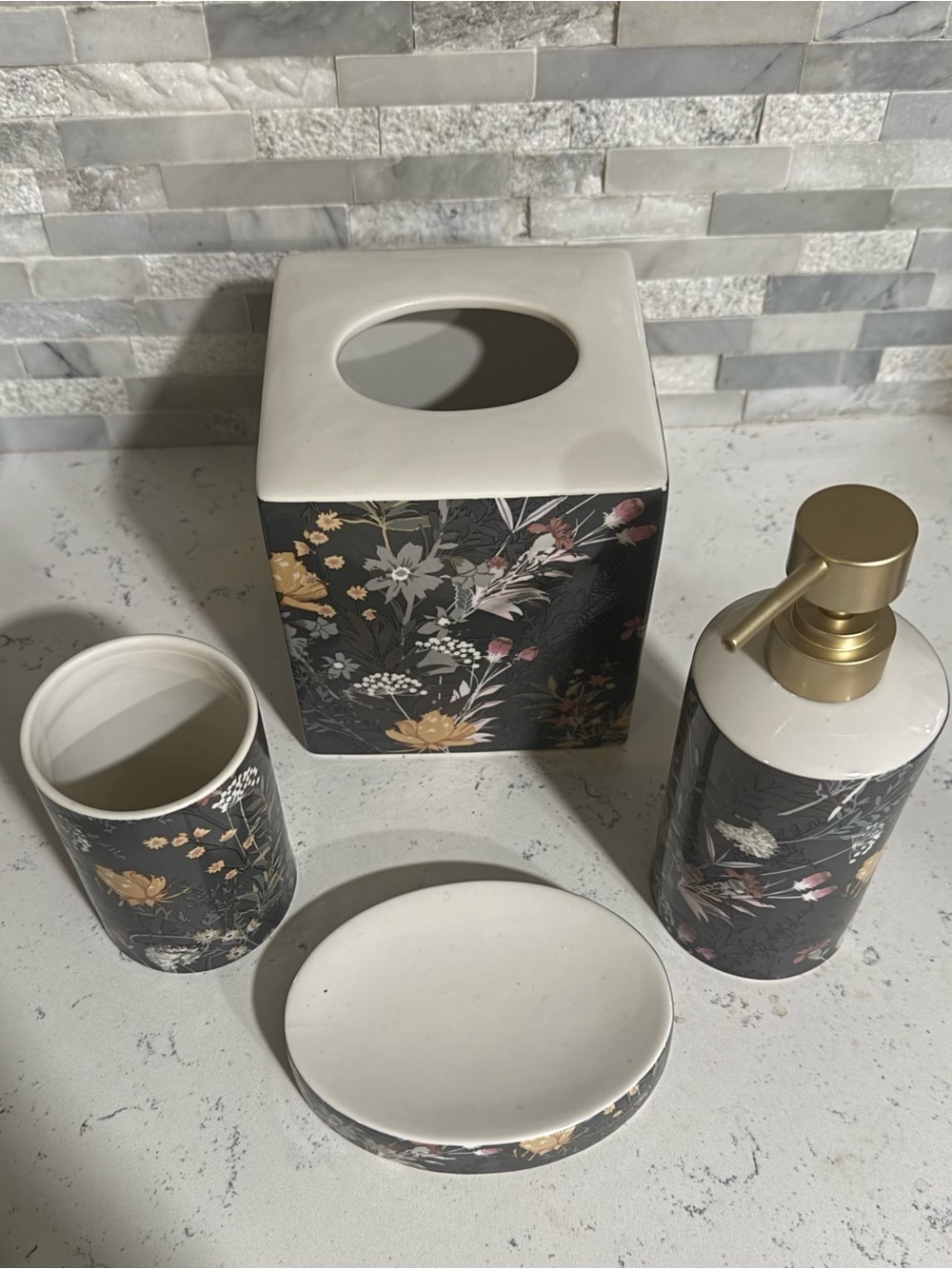 Floral Ceramic Bath Accessory Set in Charcoal - Brand: Kassatex - Picture 2 of 4